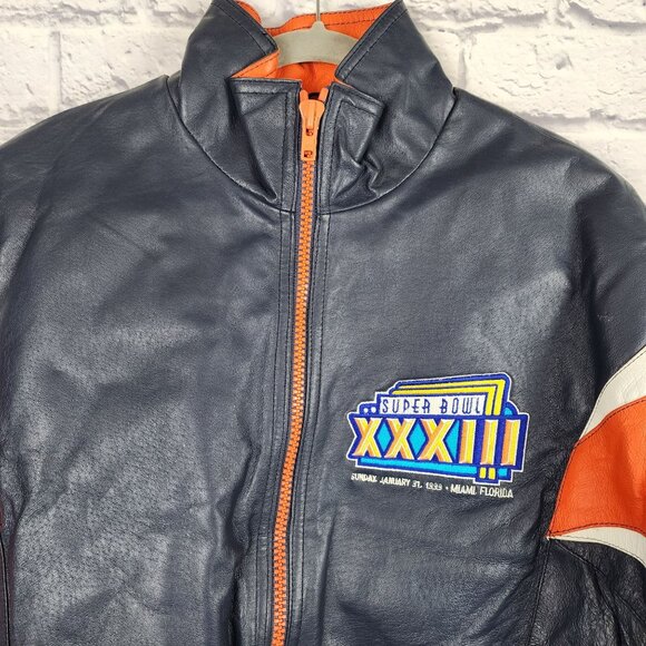 Denver Broncos SUPER BOWL XXXIII Vintage 1999 PRO PLAYER Blue Med Leather Jacket - Picture 13 of 16
